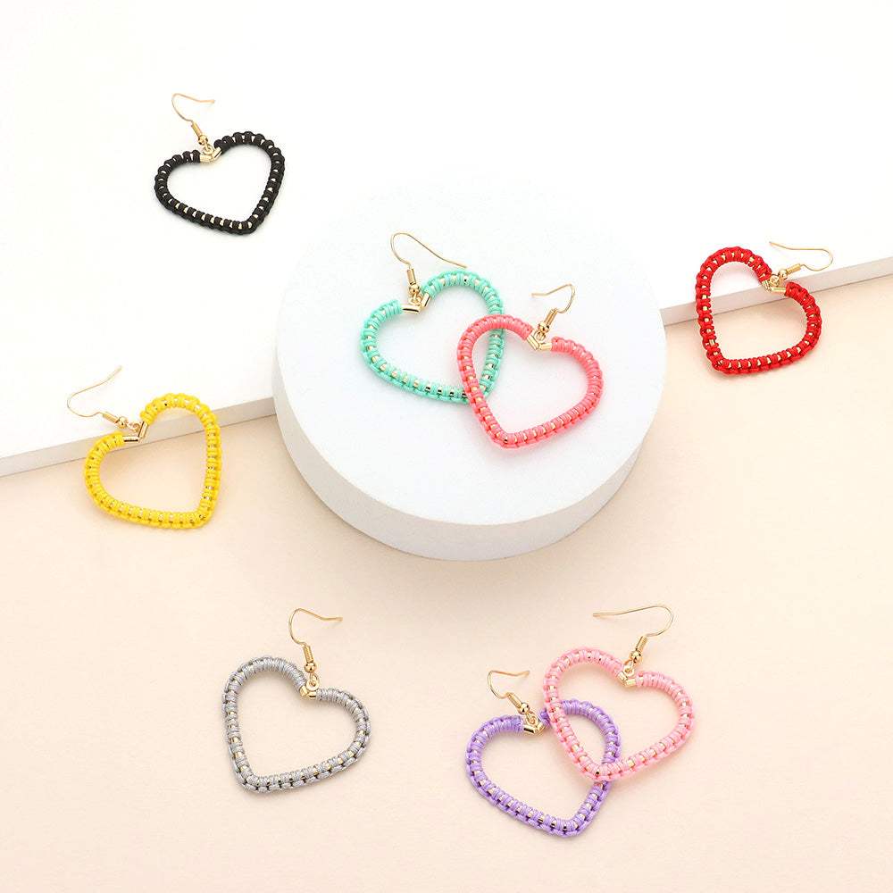 Woven Thread Open Metal Heart Dangle Earrings - Madeline Love - Flyclothing LLC