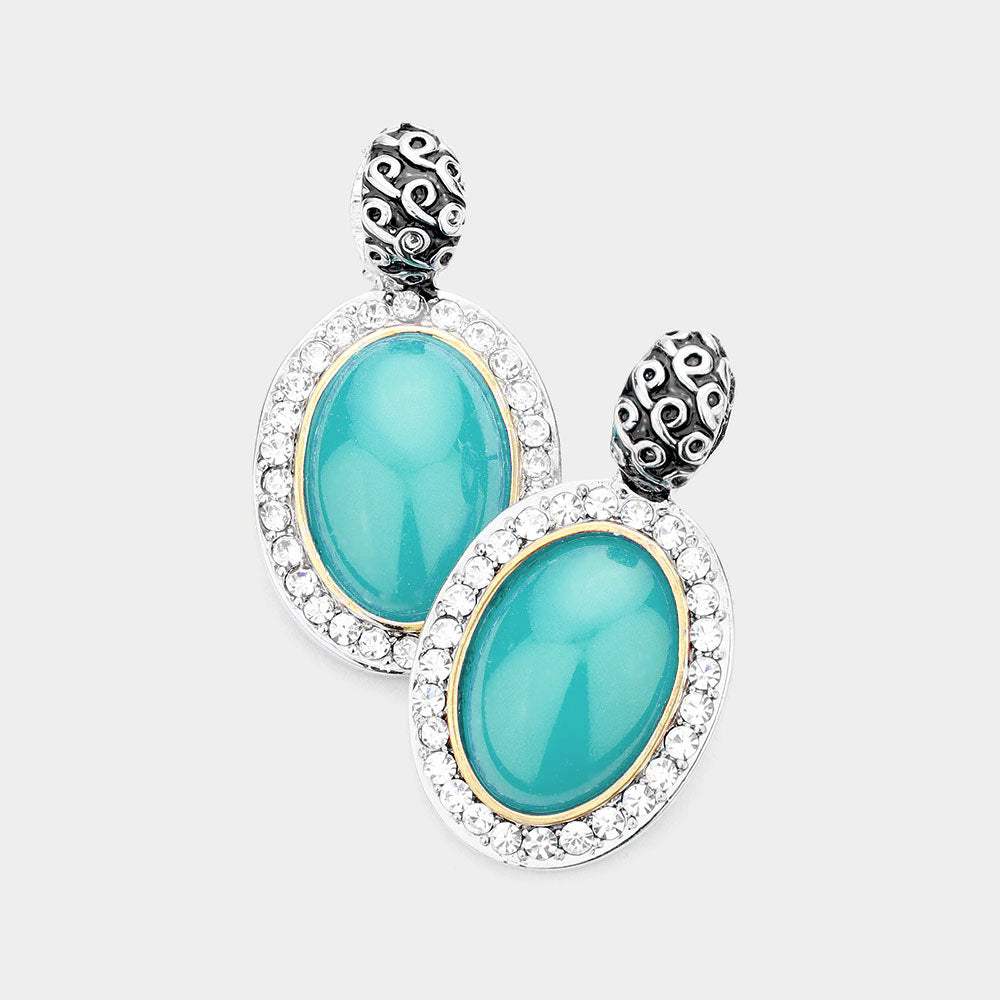 Rhinestone Trim Oval Stone Dangle Earrings - Madeline Love - Flyclothing LLC
