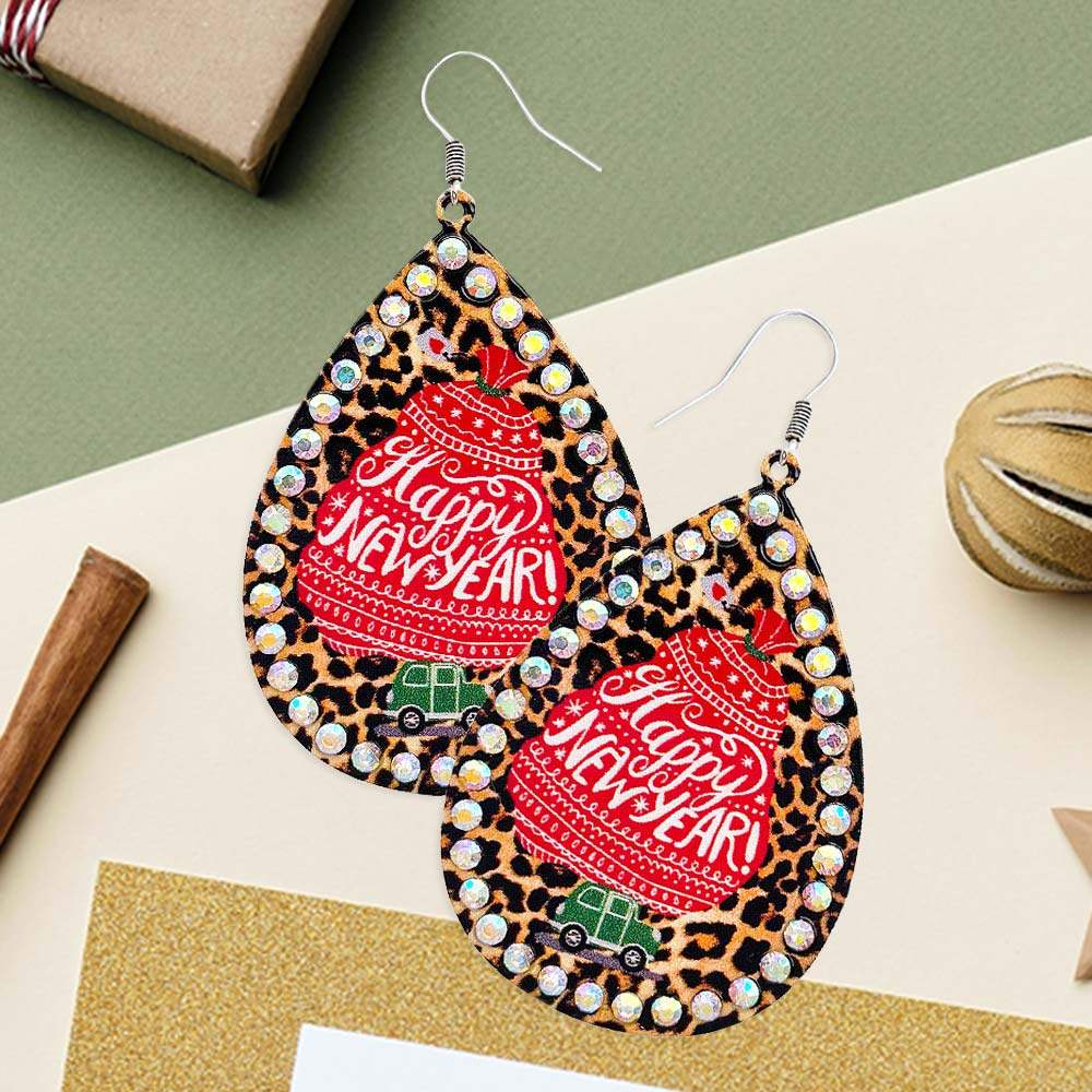 Happy New Year Message Printed Stone Trimmed Metal Teardrop Dangle Earrings - Madeline Love - Flyclothing LLC