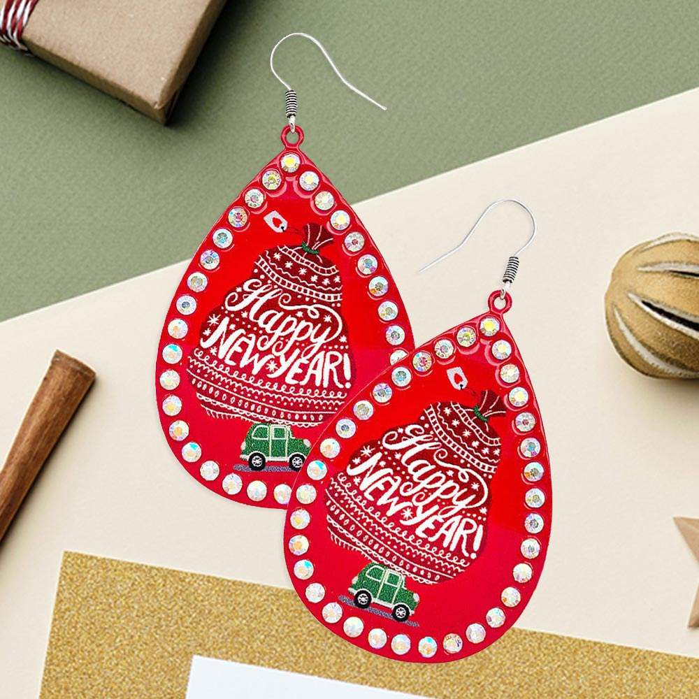 Happy New Year Message Printed Stone Trimmed Metal Teardrop Dangle Earrings - Madeline Love - Flyclothing LLC