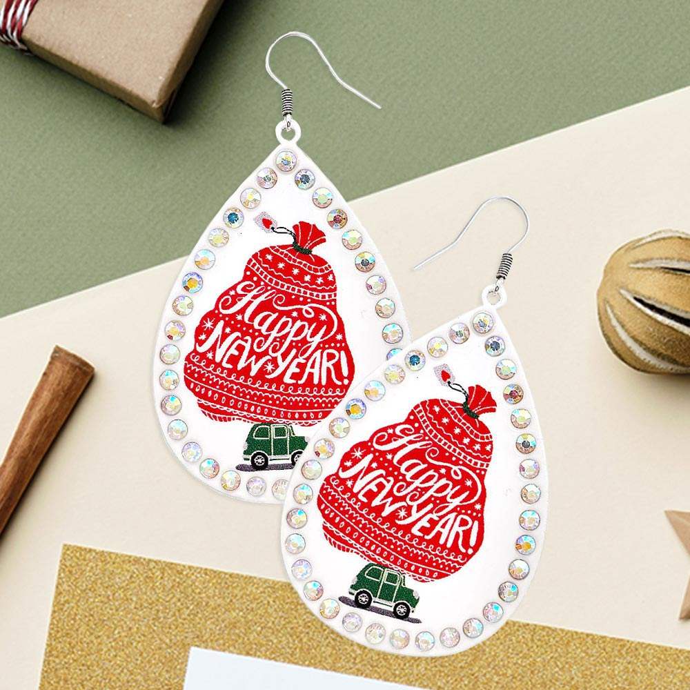 Happy New Year Message Printed Stone Trimmed Metal Teardrop Dangle Earrings - Madeline Love - Flyclothing LLC