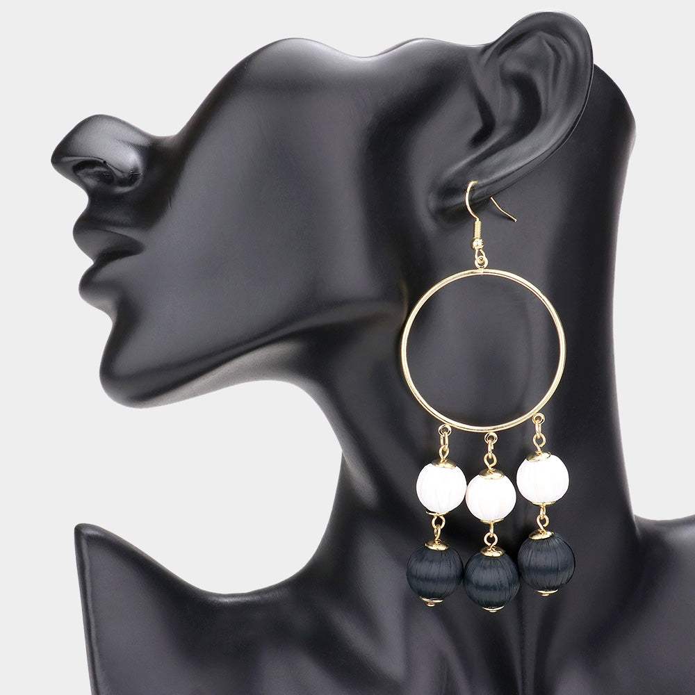 Open Metal Circle Raffia Wrapped Ball Link Dangle Earrings - Madeline Love - Flyclothing LLC