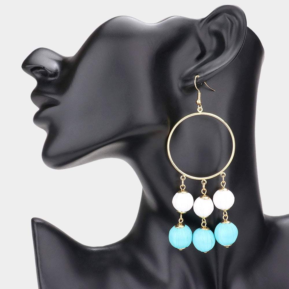 Open Metal Circle Raffia Wrapped Ball Link Dangle Earrings - Madeline Love - Flyclothing LLC