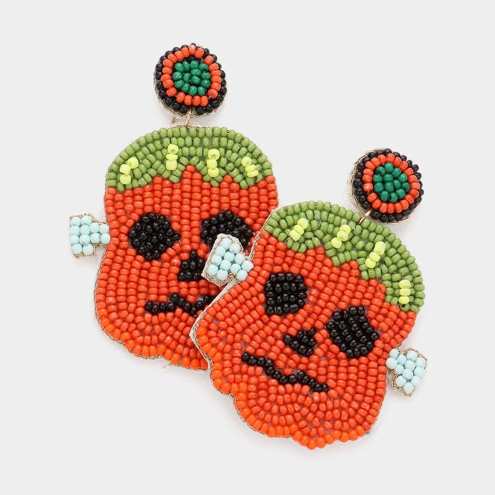 Felt Back Seed Beaded Pumpkin Frankenstein Dangle Earrings - Madeline Love - Flyclothing LLC