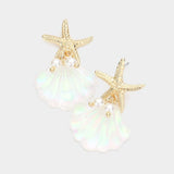 Metal Starfish Pearl Shell Link Dangle Earrings - Madeline Love - Flyclothing LLC