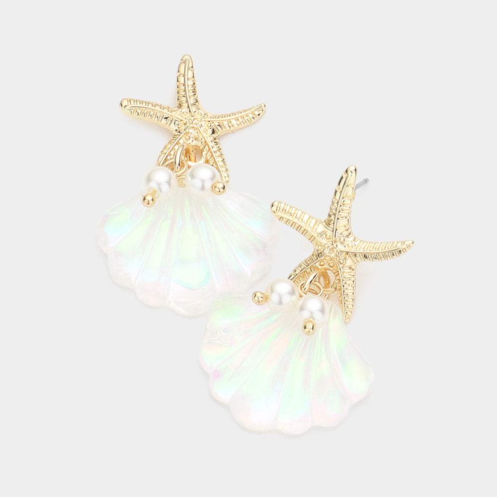 Metal Starfish Pearl Shell Link Dangle Earrings - Madeline Love - Flyclothing LLC