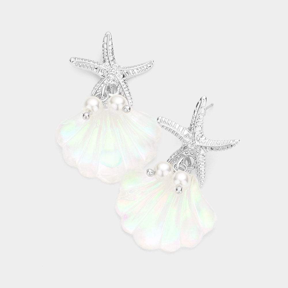 Metal Starfish Pearl Shell Link Dangle Earrings - Madeline Love - Flyclothing LLC
