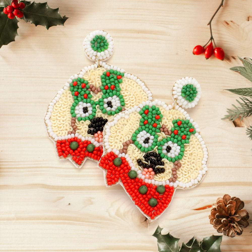Felt Back Seed Beaded Christmas Tree Glasses Dog Dangle Earrings - Madeline Love - Flyclothing LLC