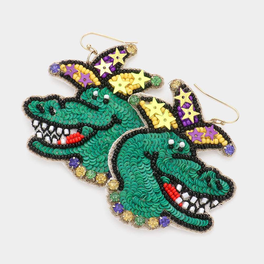 Mardi Gras Felt Back Beaded Alligator Dangle Earrings - Madeline Love - Flyclothing LLC