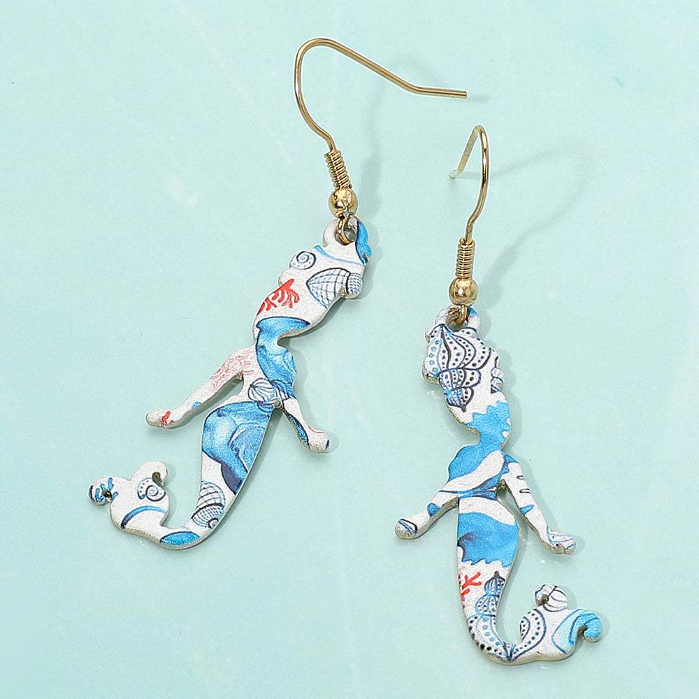 Sea Life Pattern Printed Metal Mermaid Dangle Earrings - Madeline Love - Flyclothing LLC