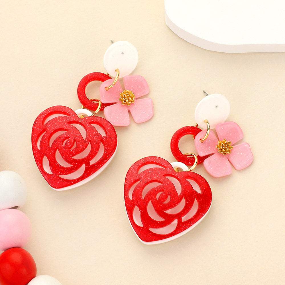 Glittered Resin Heart Flower Dangle Earrings - Madeline Love - Flyclothing LLC