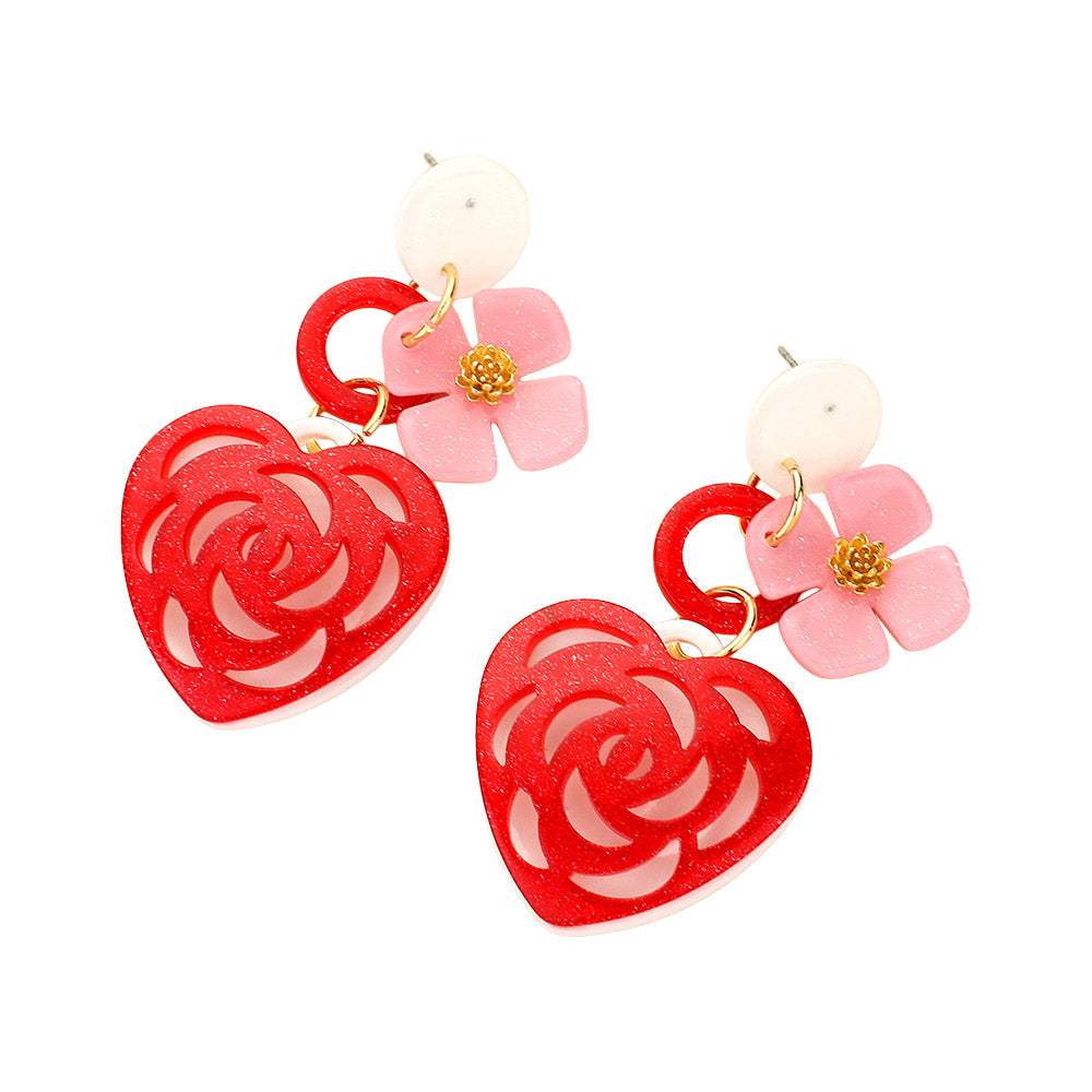 Glittered Resin Heart Flower Dangle Earrings - Madeline Love - Flyclothing LLC