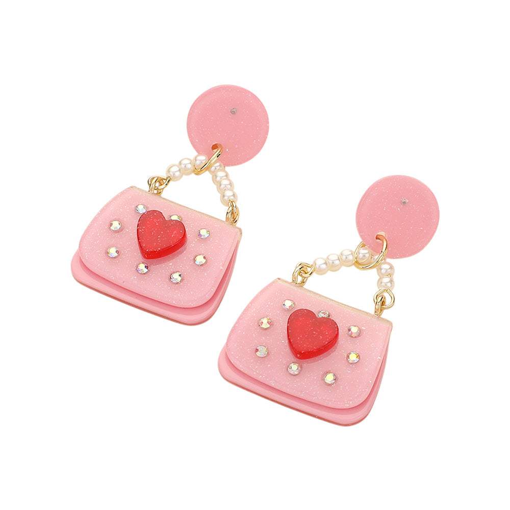 Glittered Resin Pearl Heart Handbag Dangle Earrings - Madeline Love - Flyclothing LLC