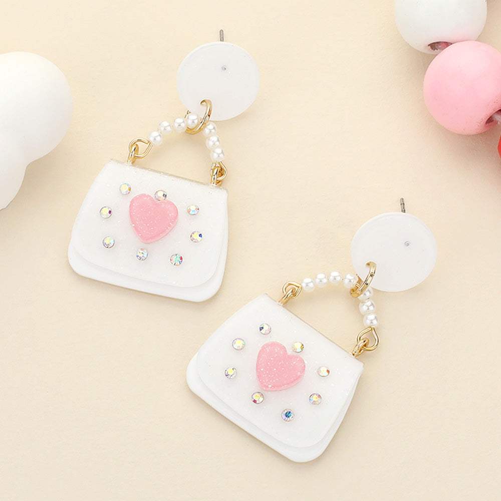 Glittered Resin Pearl Heart Handbag Dangle Earrings - Madeline Love - Flyclothing LLC
