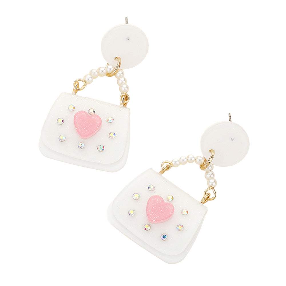 Glittered Resin Pearl Heart Handbag Dangle Earrings - Madeline Love - Flyclothing LLC