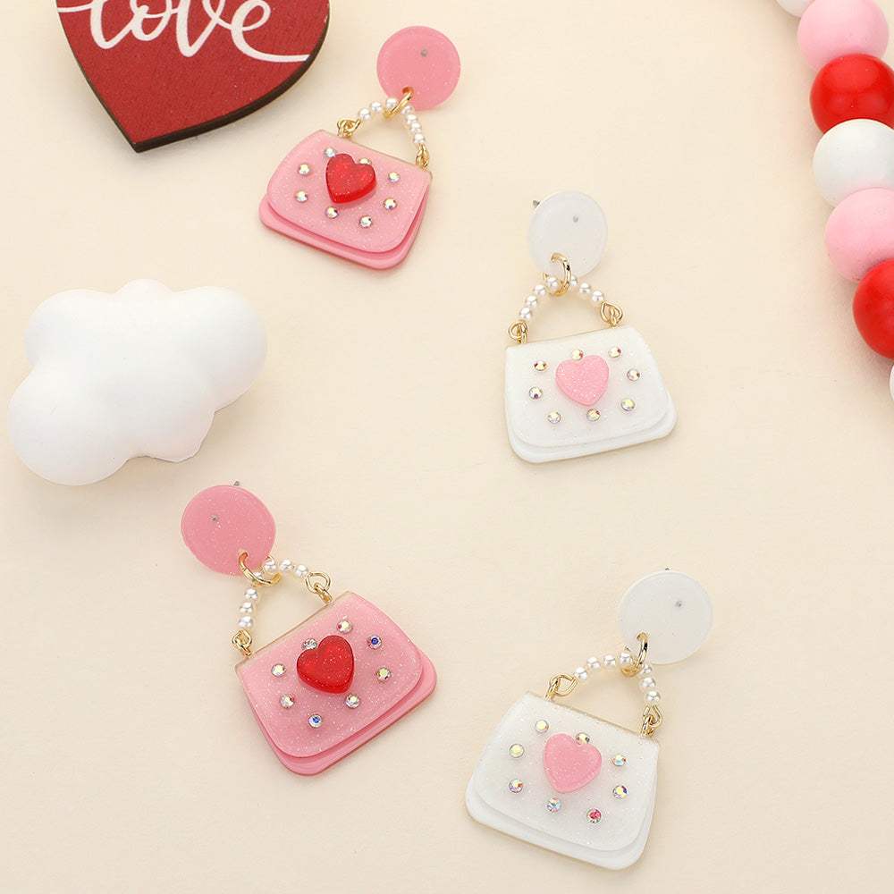 Glittered Resin Pearl Heart Handbag Dangle Earrings - Madeline Love - Flyclothing LLC