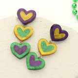 Glittered Resin Mardi Gras Triple Heart Link Dropdown Earrings - Madeline Love - Flyclothing LLC