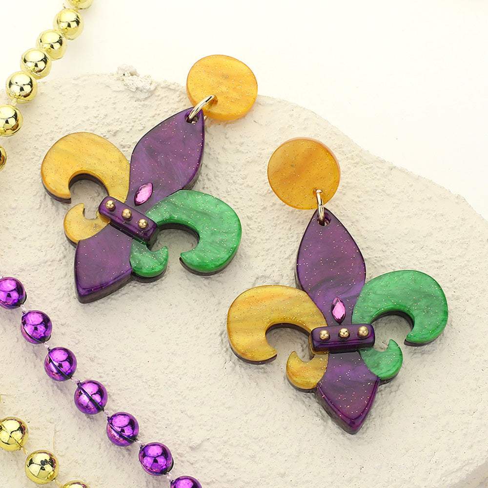 Glittered Resin Mardi Gras Fleur de Lis Dangle Earrings - Madeline Love - Flyclothing LLC