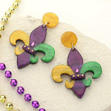 Glittered Resin Mardi Gras Fleur de Lis Dangle Earrings - Madeline Love - Flyclothing LLC