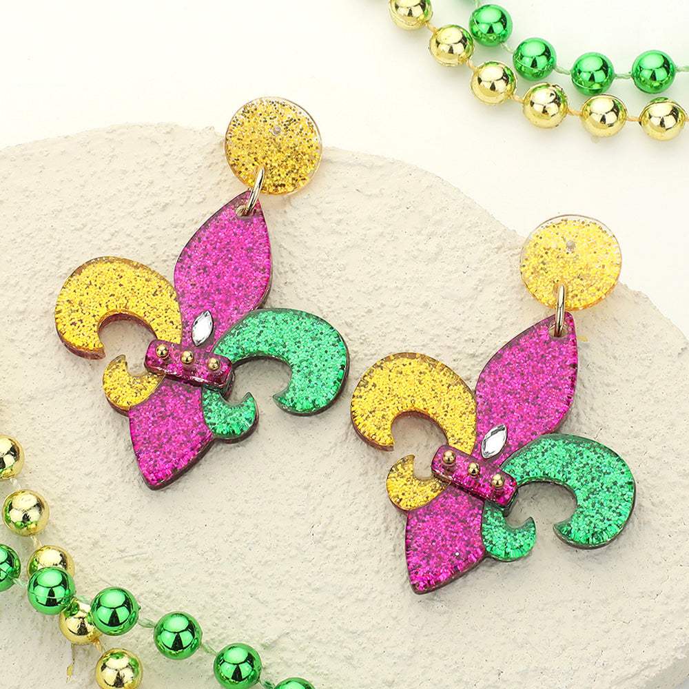 Glittered Resin Mardi Gras Fleur de Lis Dangle Earrings - Madeline Love - Flyclothing LLC