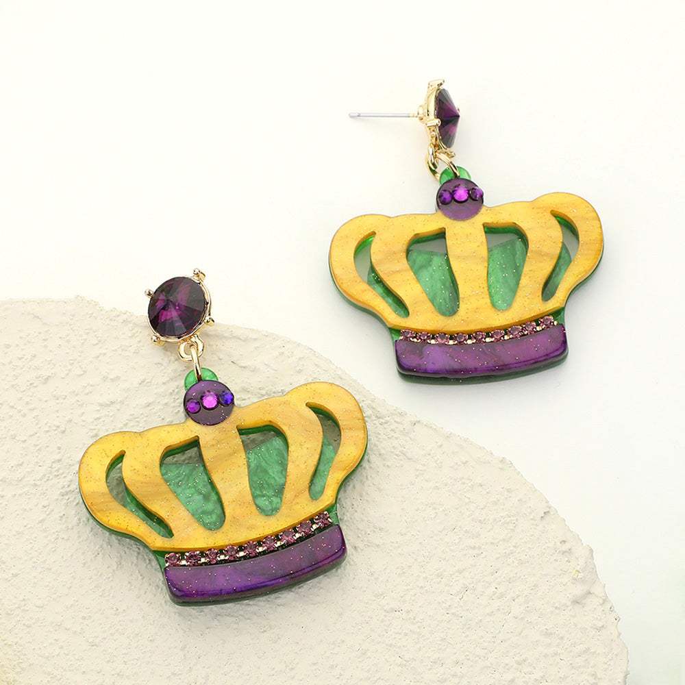 Glittered Resin Mardi Gras Crown Dangle Earrings - Madeline Love - Flyclothing LLC