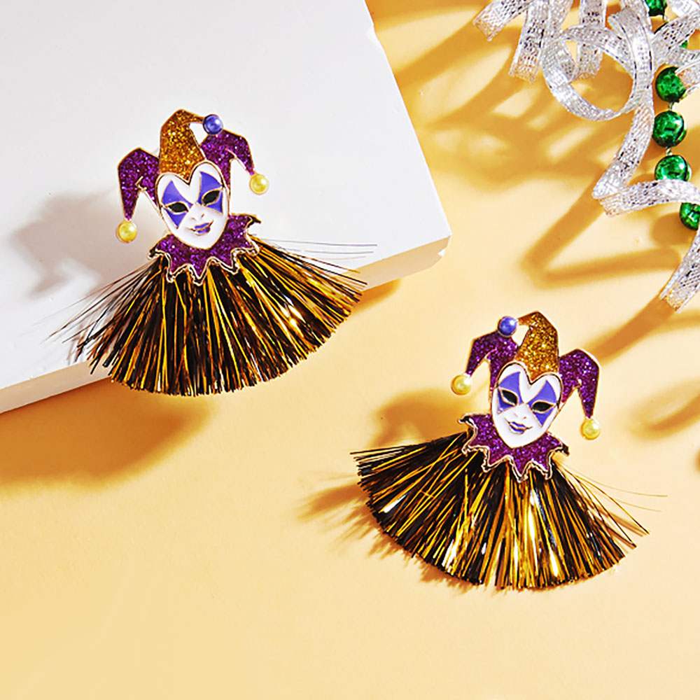 Mardi Gras Glittered Jester Pierrot Tassel Fringe Earrings - Madeline Love - Flyclothing LLC