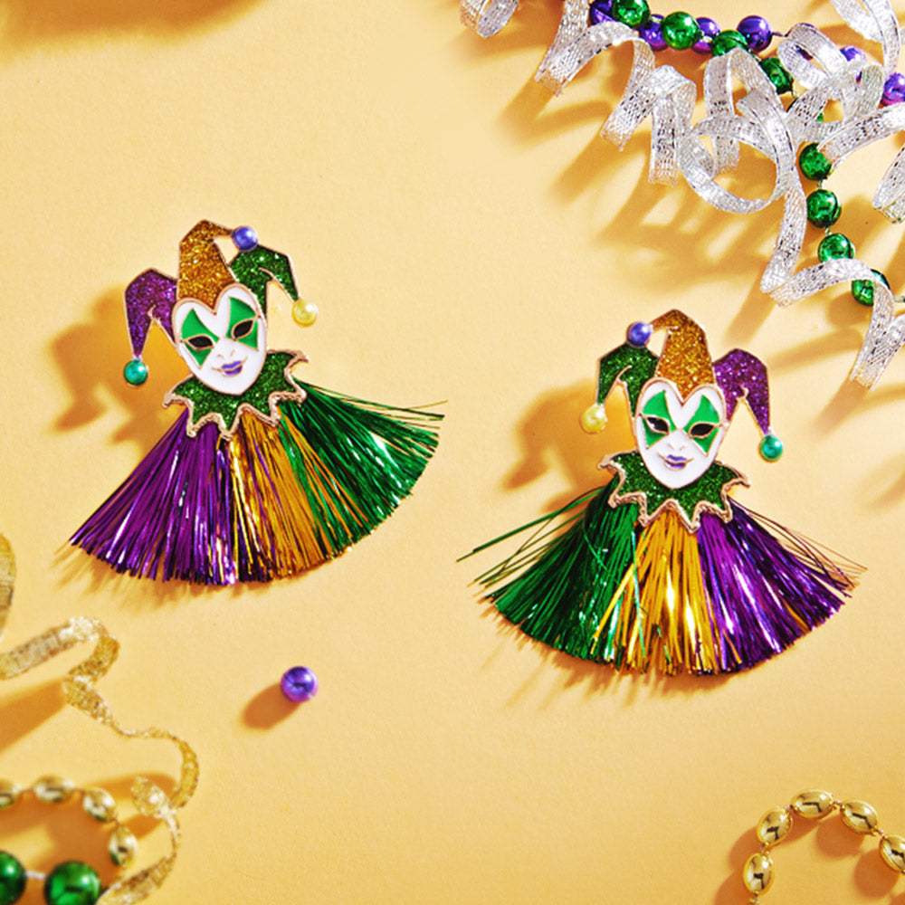 Mardi Gras Glittered Jester Pierrot Tassel Fringe Earrings - Madeline Love - Flyclothing LLC