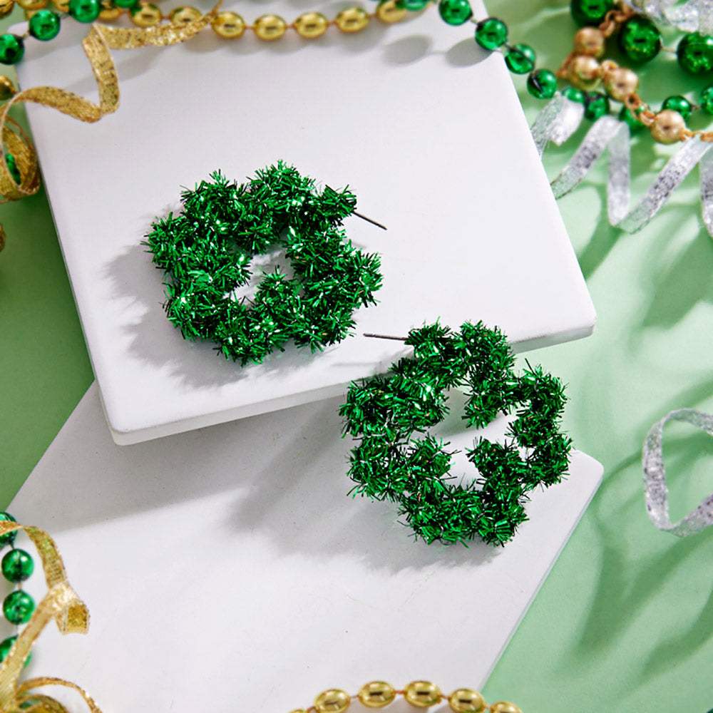 St Patricks Day Shamrock Clover Tinsel Wreath Hoop Earrings - Madeline Love - Flyclothing LLC