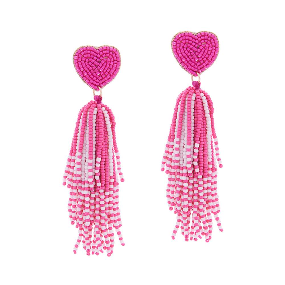 Heart Seed Beaded Tassel Dangle Earrings - Madeline Love - Flyclothing LLC