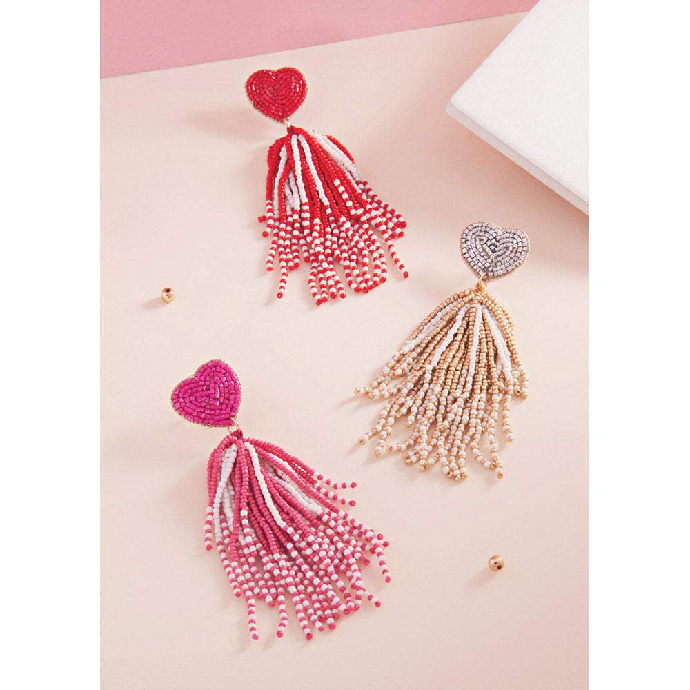 Heart Seed Beaded Tassel Dangle Earrings - Madeline Love - Flyclothing LLC