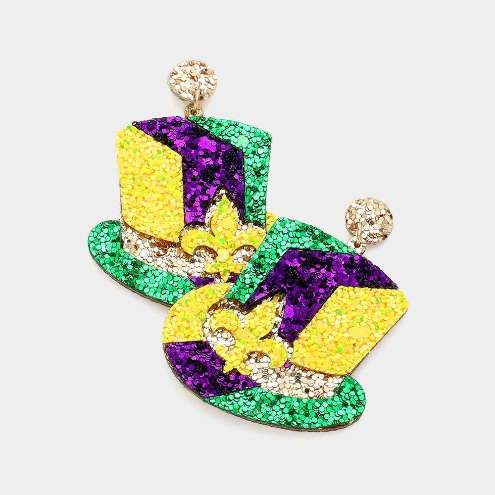 Mardi Gras Fleur de Lis Pointed Glittered Hat Dangle Earrings - Madeline Love - Flyclothing LLC