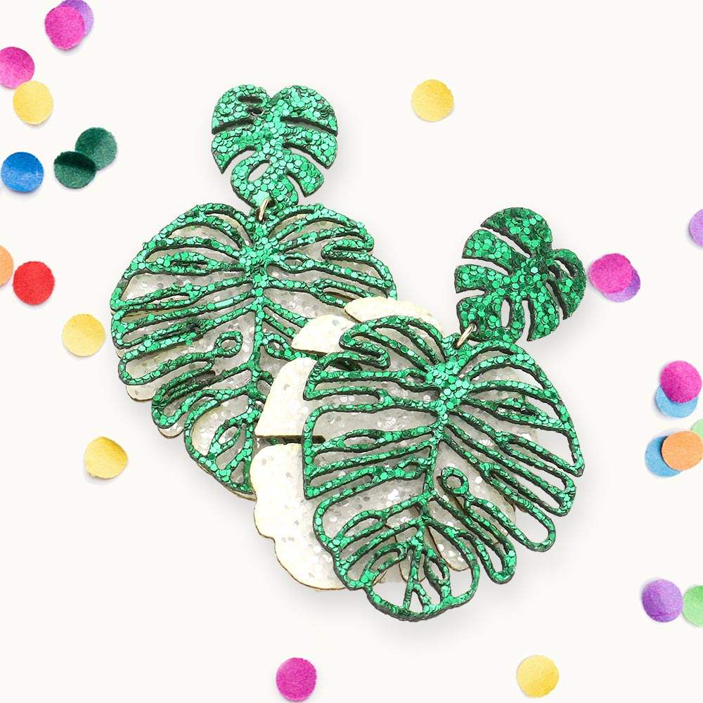 Glittered Tropical Leaf Dangle Earrings - Madeline Love - Flyclothing LLC