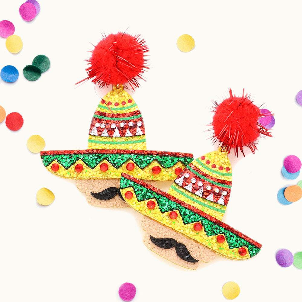 Pom Pom Glittered Hat Mustache Link Dangle Earrings - Madeline Love - Flyclothing LLC