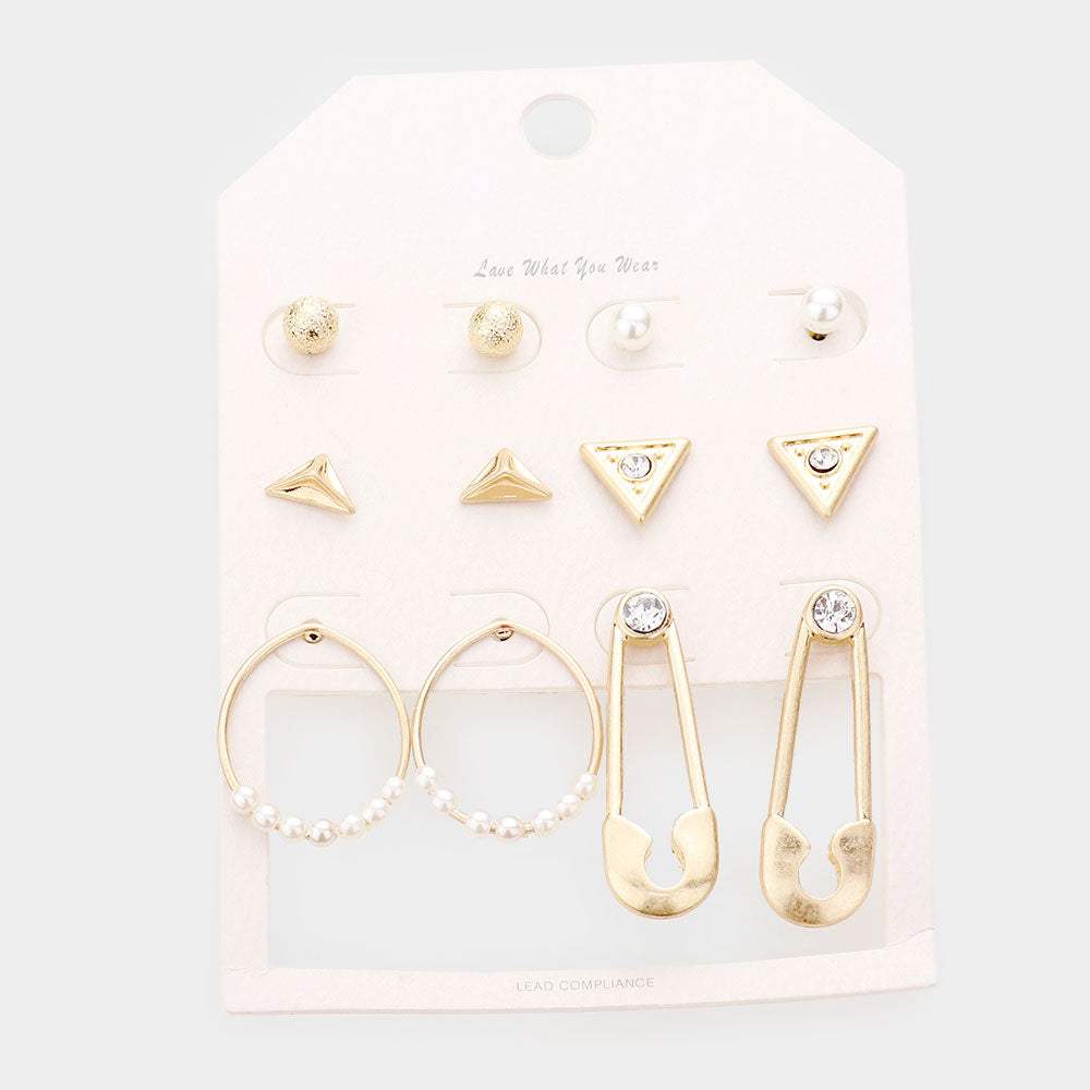 6Pairs - Rhinestone Embellished Geometric Stud Safety Pin Earrings - Madeline Love - Flyclothing LLC