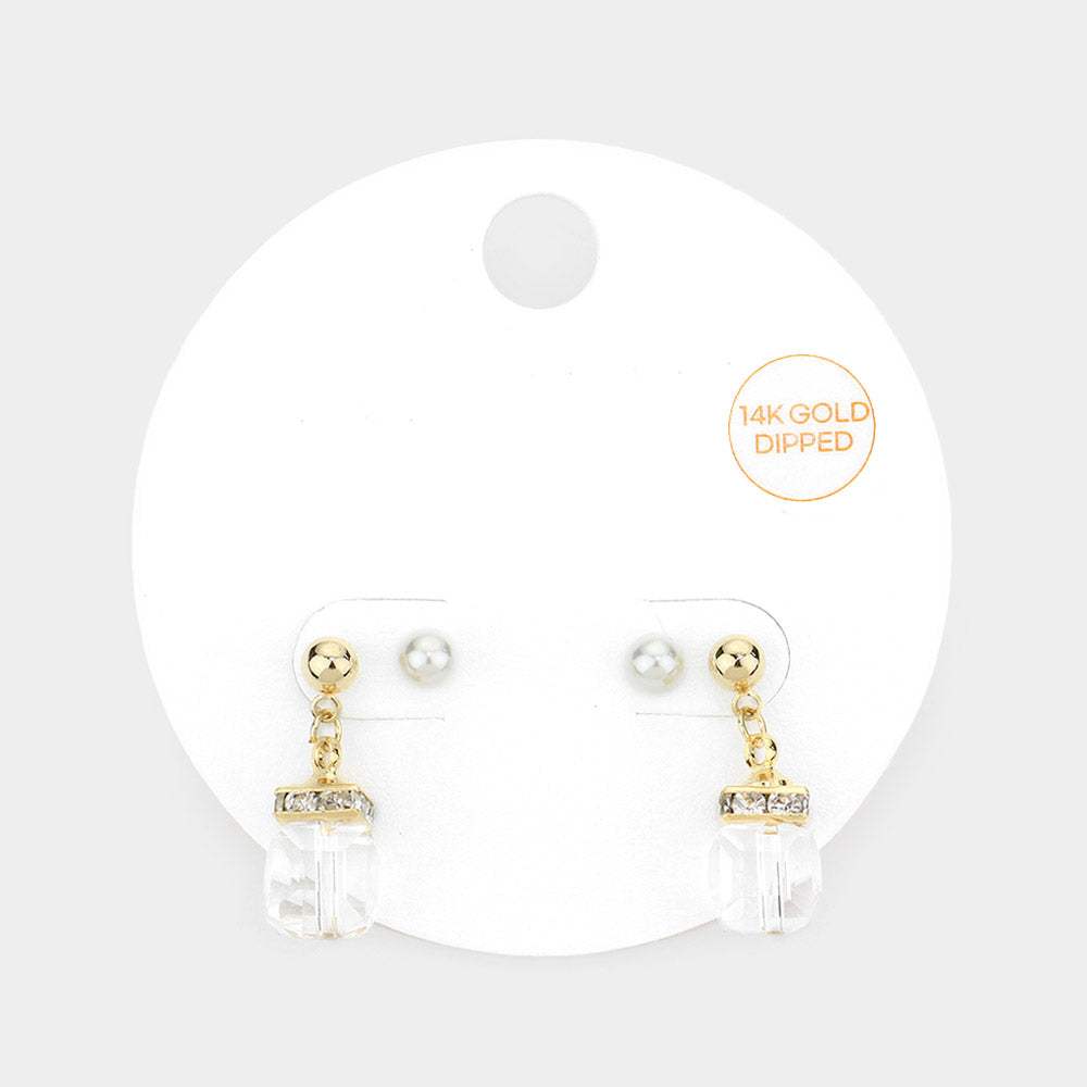 2Pairs - 14K Gold Dipped Pearl Stud Square Dangle Earrings - Madeline Love - Flyclothing LLC