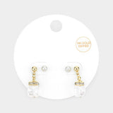 2Pairs - 14K Gold Dipped Pearl Stud Square Dangle Earrings - Madeline Love - Flyclothing LLC