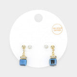 2Pairs - 14K Gold Dipped Pearl Stud Square Dangle Earrings - Madeline Love - Flyclothing LLC