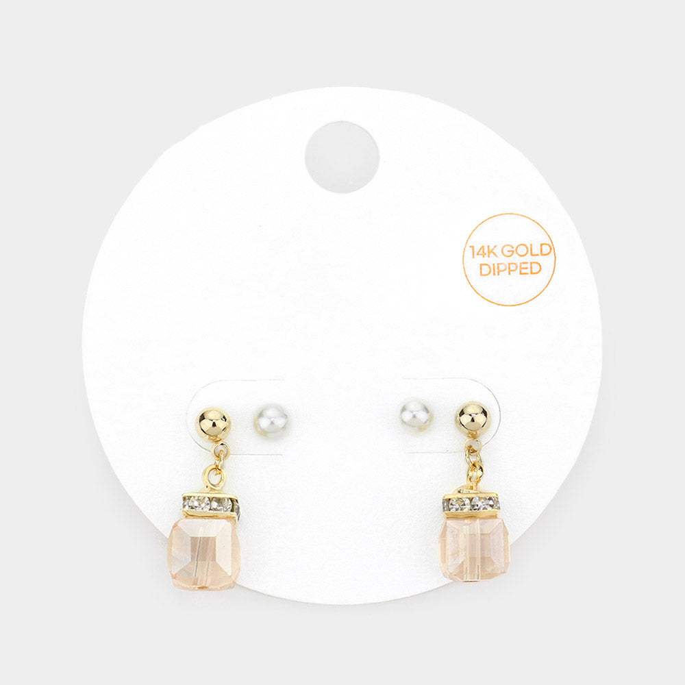 2Pairs - 14K Gold Dipped Pearl Stud Square Dangle Earrings - Madeline Love - Flyclothing LLC