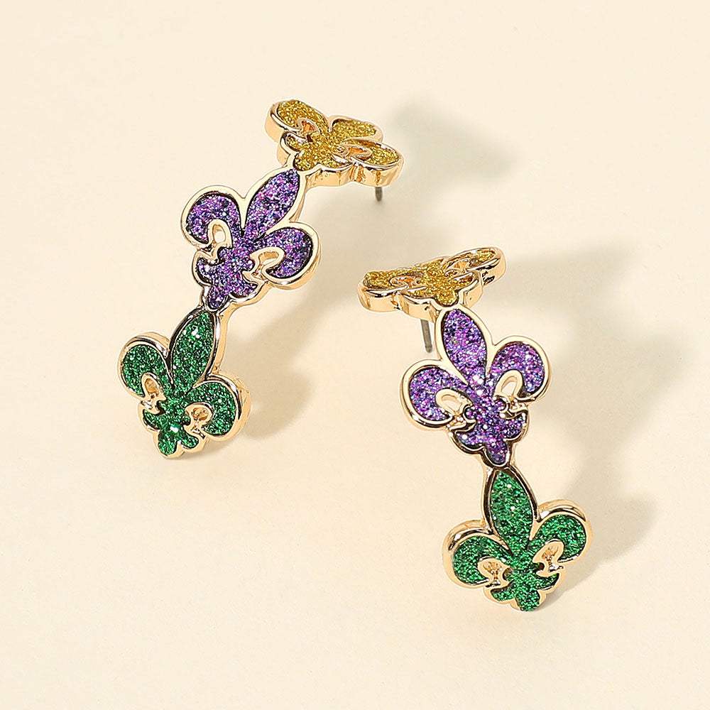 Glitter Mardi Gras Fleur de Lis Link Hoop Earrings - Madeline Love - Flyclothing LLC