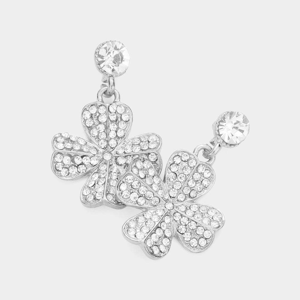 Rhinestone Paved Clover Dangle Earrings - Madeline Love - Flyclothing LLC