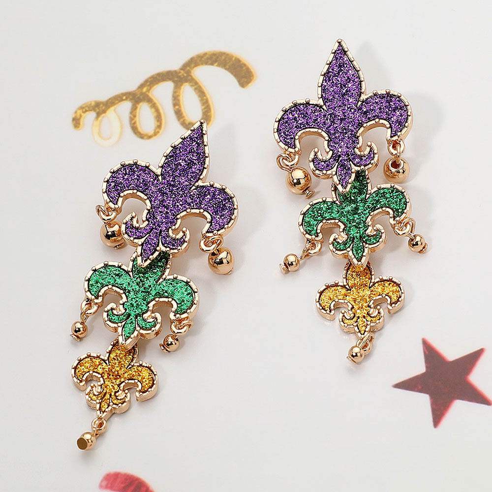 Mardi Gras Glitter Fleur de Lis Drop Earrings - Madeline Love - Flyclothing LLC