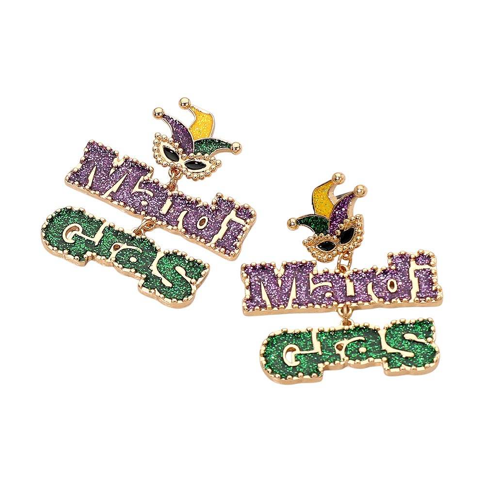 Glitter Mardi Gras Message Masquerade Drop Dangle Earrings - Madeline Love - Flyclothing LLC