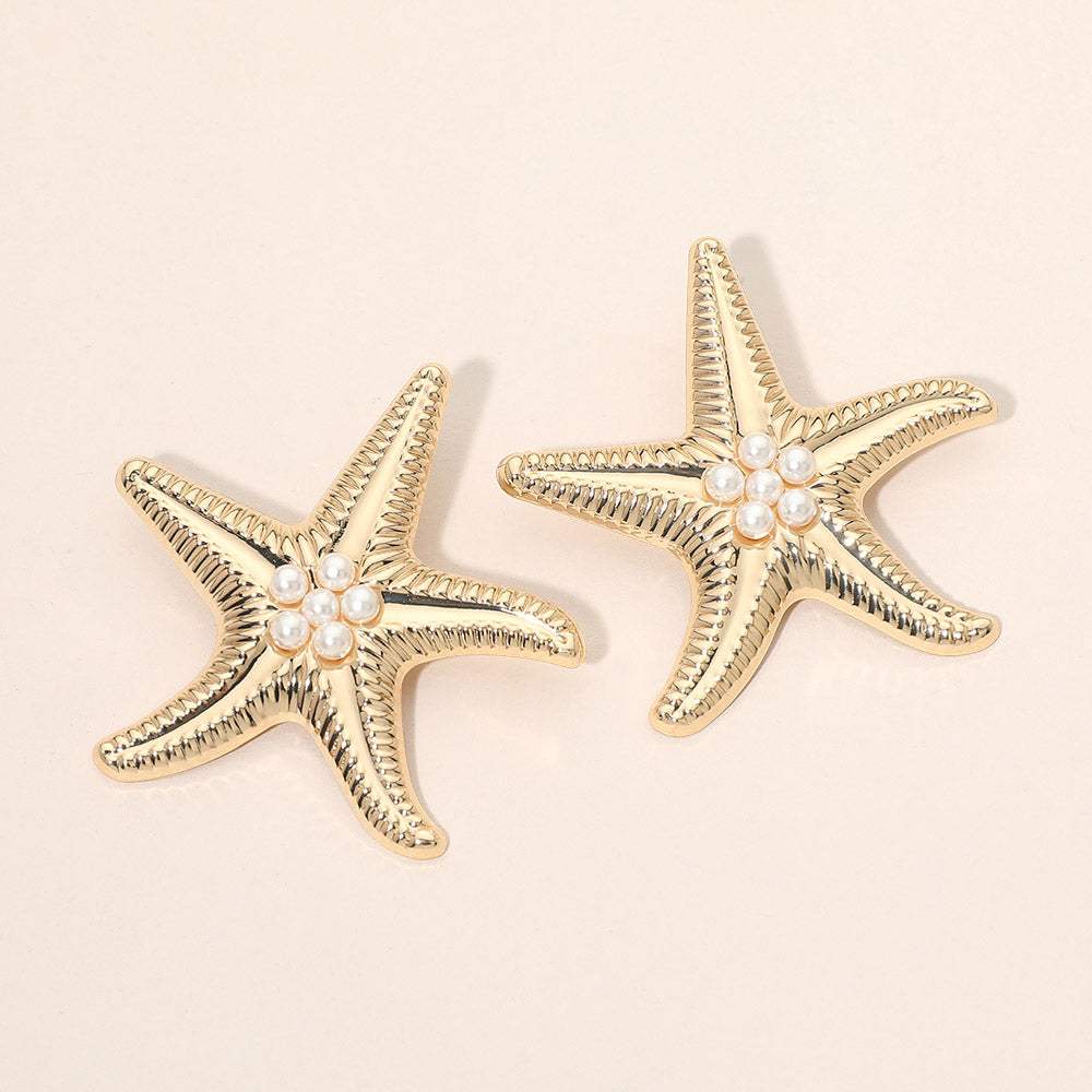 Bold Pearl Center Textured Starfish Statement Earrings - Madeline Love - Flyclothing LLC