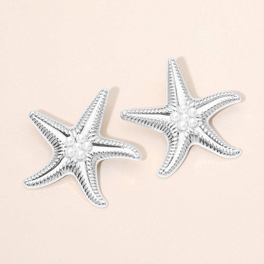 Bold Pearl Center Textured Starfish Statement Earrings - Madeline Love - Flyclothing LLC