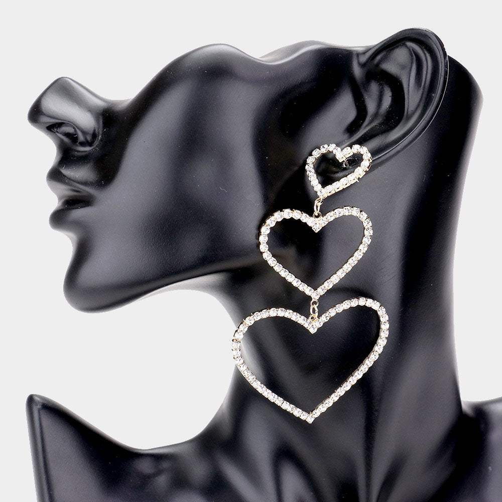 Rhinestone Triple Open Heart Link Dangle Earrings - Madeline Love - Flyclothing LLC