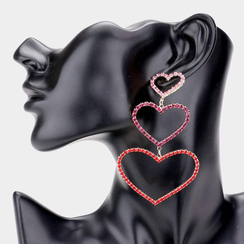 Rhinestone Triple Open Heart Link Dangle Earrings - Madeline Love - Flyclothing LLC