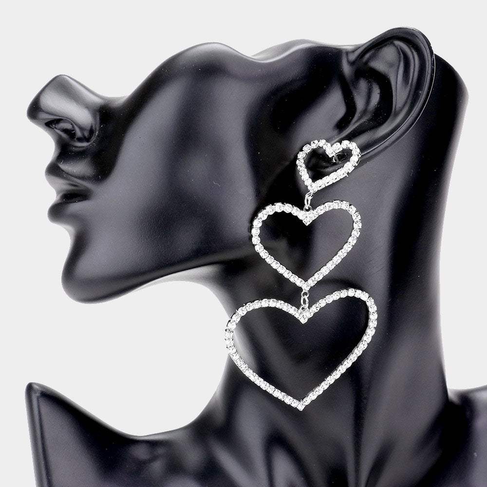 Rhinestone Triple Open Heart Link Dangle Earrings - Madeline Love - Flyclothing LLC