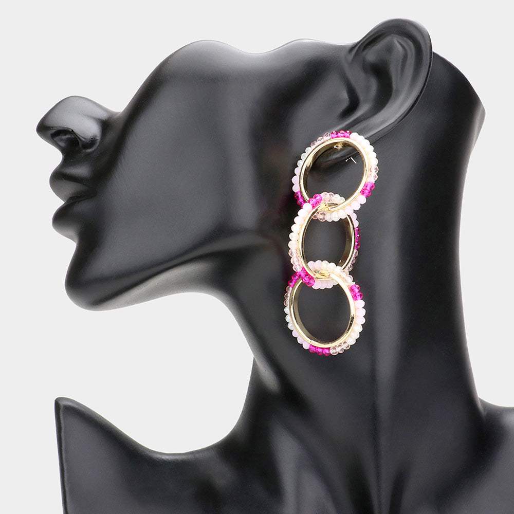 Faceted Bead Trimmed Triple Open Circle Link Dangle Earrings - Madeline Love - Flyclothing LLC