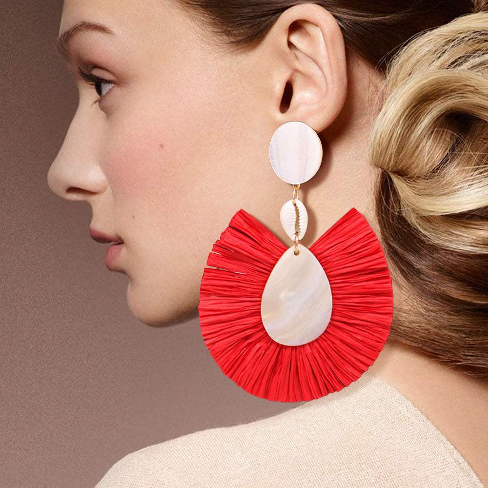 Puka Shell Mother of Pearl Teardrop Raffia Trimmed Dangle Earrings - Madeline Love - Flyclothing LLC