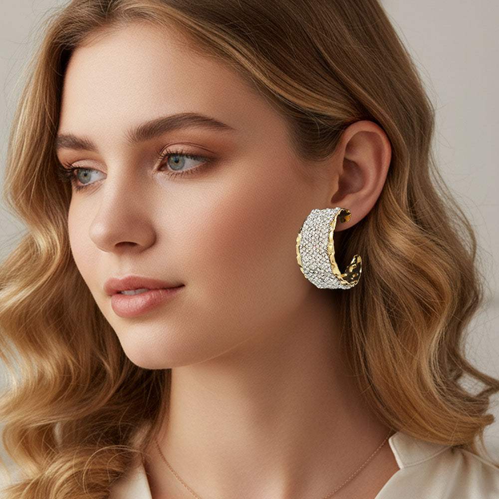 Bold Wide Rhinestone Paved Textured Metal Hoop Earrings - Madeline Love - Flyclothing LLC